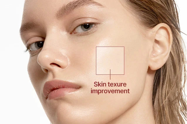 Close-up of a woman's face with a focus on skin texture improvement.